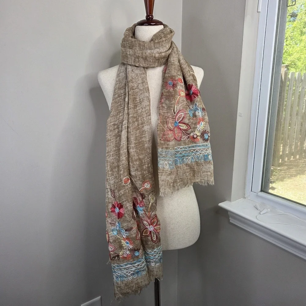 29 Palm Boho Embroidered Floral Scarf‎ Brown Indie Fringe Hippie Festival Wrap